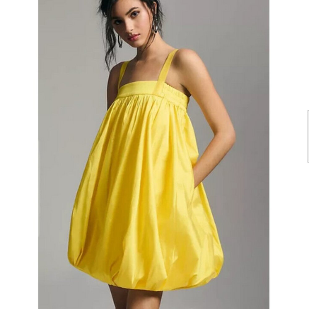 Anthropologie Bloni M NWT Square-Neck Taffeta Bubble Mini Dress Yellow Medium